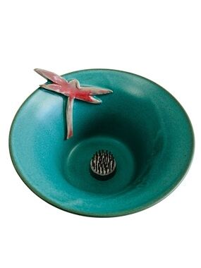 Teal Ikebana Pottery Dragonfly Vase W/ Metal Flower Frog Signed 5“ x 3“